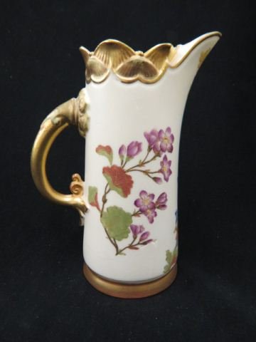 Royal Worcester Porcelain Pitcher,: handpainted florals, gold trim, 8" tall, excellent. In 1751 an event of historic significance occurred on the banks of the River Severn in Worcester, England. Here, under the brilliant guidance of Dr.
