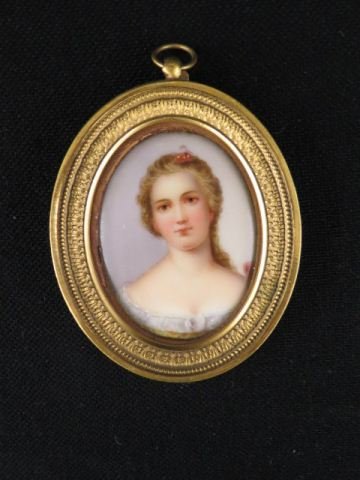 Miniature Painting on Porcelain of Young Lady,: image area 2 1/2" x 2" oval.