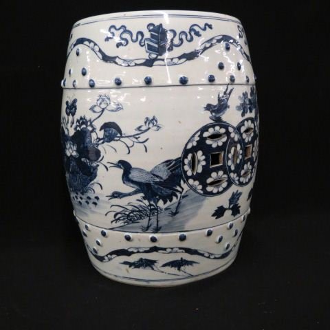 Chinese Blue & White Porcelain Garden Seat,: fish bowl or jardiniere, elaborate bird & floral decor, 16" tall, 19" diameter.
