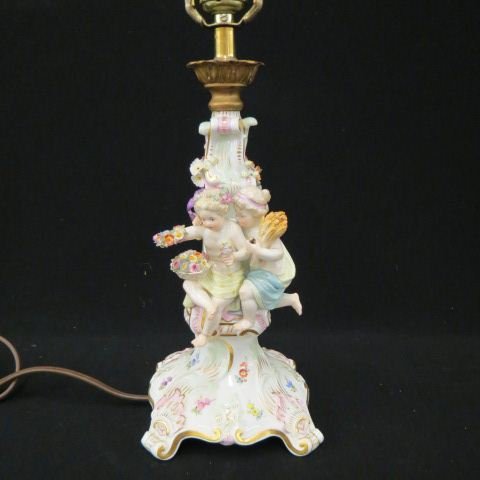 Meissen Porcelain Figural Lamp,: children with flowers & wheat, 11" (body), crossed swords mark,