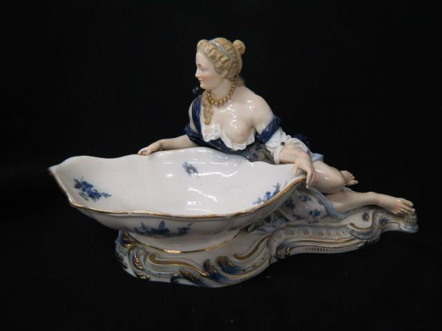 Meissen Porcelain Figural Sweetmeat Dish,: semi-nude lady, cobalt & gold floral trim, crossed swords mark, 13" long, 6 3/4" tall, excellent.