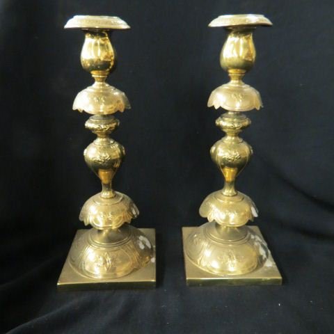Pair of Polish Sabbath Candlesticks,: brass, 19th century, 12 1/2".