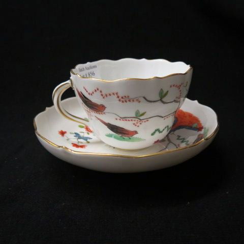 Meissen Porcelain Cup & Saucer,: bird & India Tree style design, crossed swords mark, excellent.