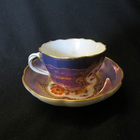 Meissen Porcelain Cup & Saucer,: handpainted floral, luster finish, crossed swords mark, excellent.