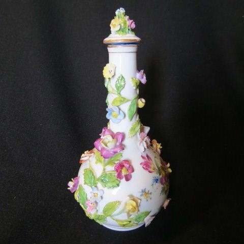 Meissen Porcelain Cologne Bottle,: handpainted courting scene & elaborate applied flowery vine, crossed swords mark, 8".