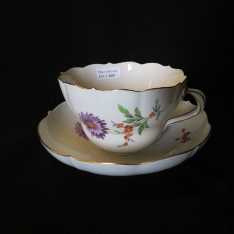 Meissen Porcelain Large Cup & Saucer,: handpainted floral, crossed swords mark, excellent.