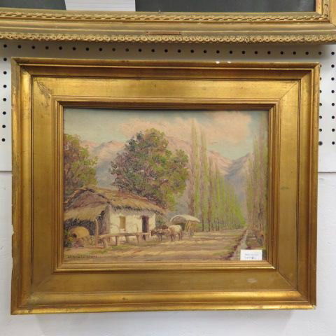 Alberto Lobos, Oil, Chile Scene: with cottage & ox cart, on artist board, image area 15" x 12". .Alberto Lobos and his brothers Enrique and Alberto were all members of the “Generation of Thirteen” (meaning the year 1913), a bohem