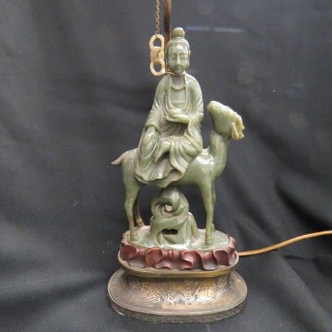 Chinese Carved Jade Lamp,: immortal riding a goat, figure is 9 1/4".