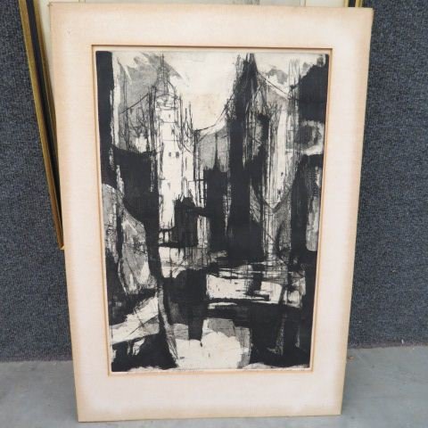 Norman Arthur Bate, etching, "Between Day &: Night", signed and dated 1958, # 24 of 100. A New York State printmaker, illustrator and painter, Norman Arthur Bate earned his bachelor's degree in illustration at the Pratt Institute in Brooklyn. He