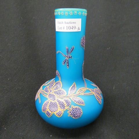 Webb Art Glass Vase,: coralene style florals & dragon fly decor on blue cased satin glass, late 19th century, 6 1/2", excellent, unsigned.