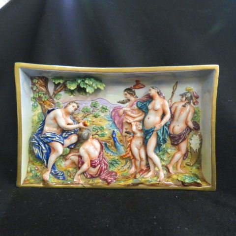 Capodimonte Porcelain Plaque,: nudes in garden, 5" x 8", excellent.