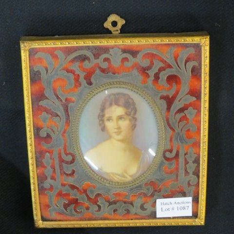 Miniature Portrait Painting on Ivory: of young lady, artist signed Corey, in French bouille inlaid tortoise shell frame, oval image area 3 1/2" x 2 1/2".