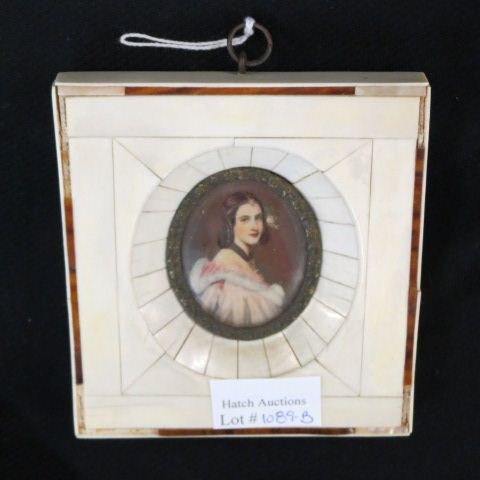 Miniature Portrait Painting on Ivory: of young lady, oval, in ivory frame, image area 1 1/2" x 2".