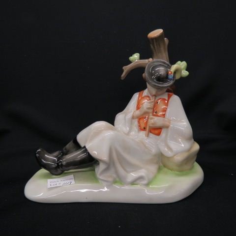 Zsolnay Porcelain Figurine of Flute Player,: resting against a tree, 8", excellent.