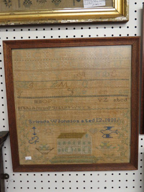 1831 Sampler,: by Sylenda W. Johnson, aged 12, with alphabet, verse & pictorial, approx. 15 square."