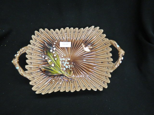 Majolica Pottery Handled Tray,: butterfly & lily of the valley decor on brown basketweave, 8 x 11" plus handles."