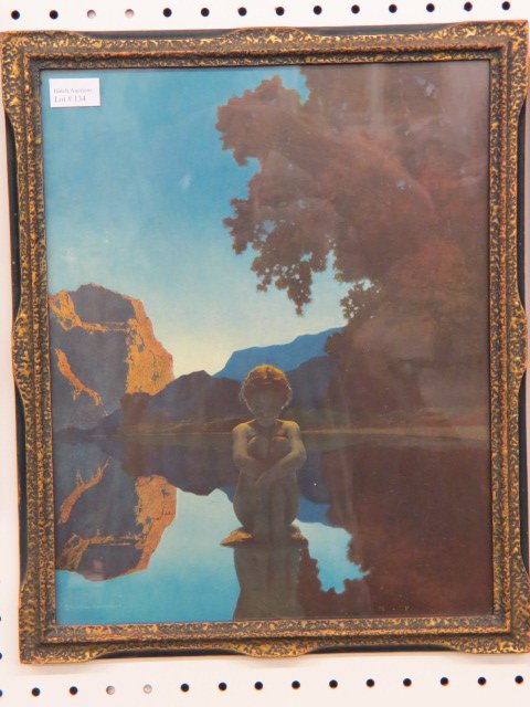 Maxfield Parrish, print, seated nude: by reflective water approx. 12 x 15", in original frame."...One of America's best-known and revered illustrators, especially for children's books and magazines, Maxfield Parrish was born into a Philad