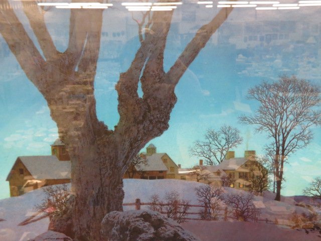 Maxfield Parrish, print,: farmhouse at sunset, 1950's version, approx. 26 x 22", fine frame."..One of America's best-known and revered illustrators, especially for children's books and magazines, Maxfield Parrish was born into