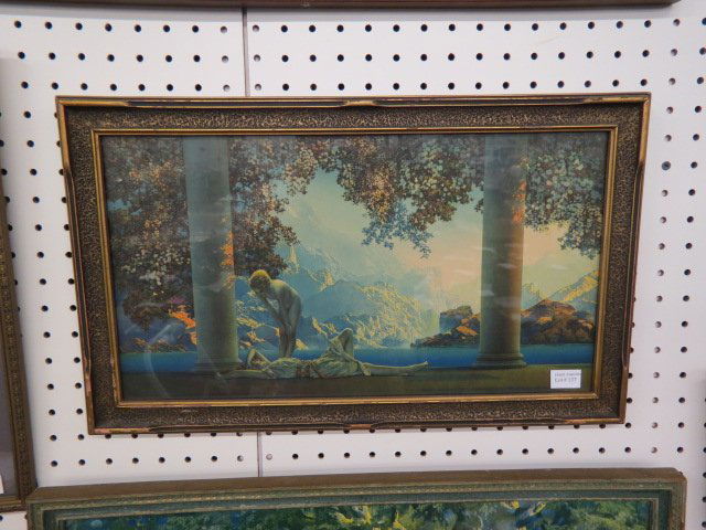 Maxfield Parrish, print, Daybreak",": original frame & label, image area 18 x 10"."...One of America's best-known and revered illustrators, especially for children's books and magazines, Maxfield Parrish was born into a Philadelphia Quake