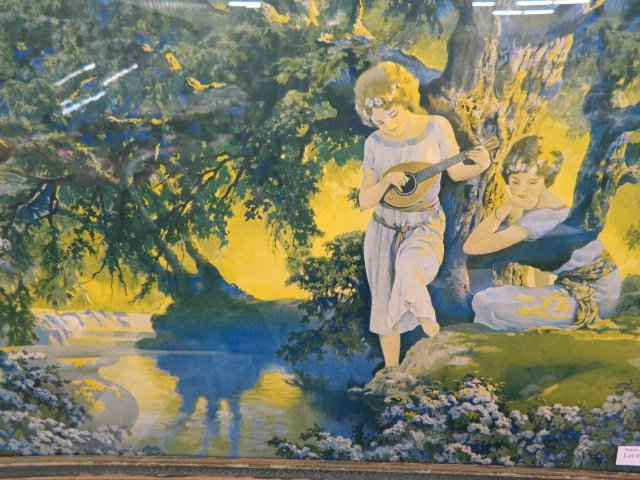 Art Deco Print, Maxfield Parrish,: R. Atkinson Fox type, girls by the water, one with lute, image area 22 x 14", original frame."