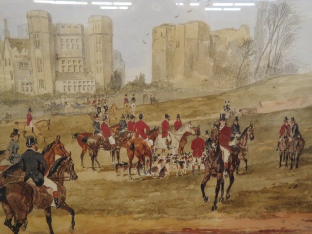 Sylvester Martin, watercolor and gouache,: fox hunt scene outside a castle, signed & dated 1882, well listed artist, 1856-1906, image area 14 x 16"."
