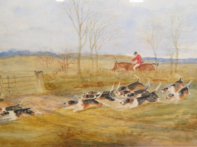 Sylvester Martin, watercolor & gouache,: Fox Hunt Scene, signed & dated 1882, well listed artist, 1856-1906, image area 14 x 10"."