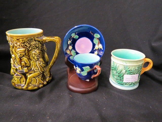 4 pcs. Majolica Pottery;: fern decor mug, cobalt cup & saucer and Sarregumines French stein with bar scene, excellent.