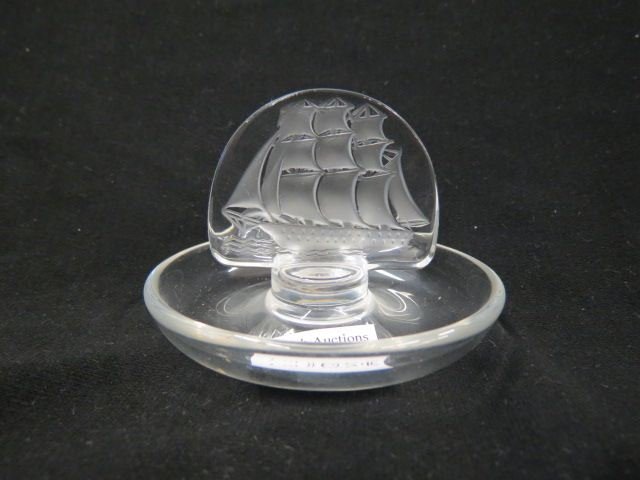 Lalique Crystal Pin Dish with Sailing Ship,: frosted intaglio cut, 3 3/4" diameter, signed, excellent.