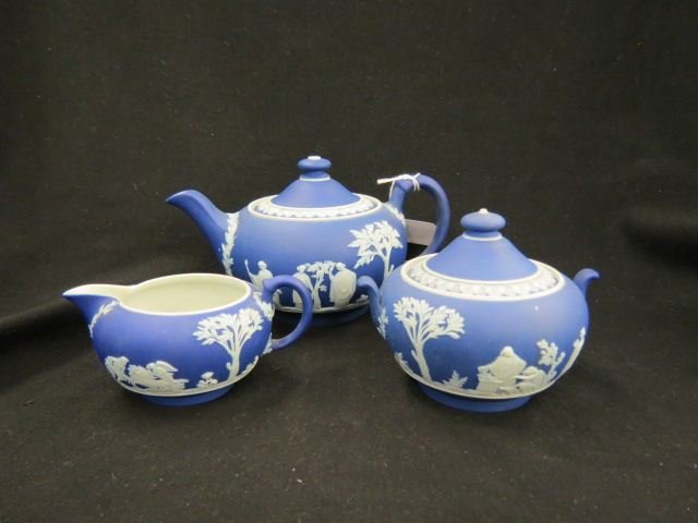 Wedgwood Jasperware Tea Set,: dark blue, classical scene with maidens, chariot & fairy decor, teapot, sugar & creamer, all signed & excellent.