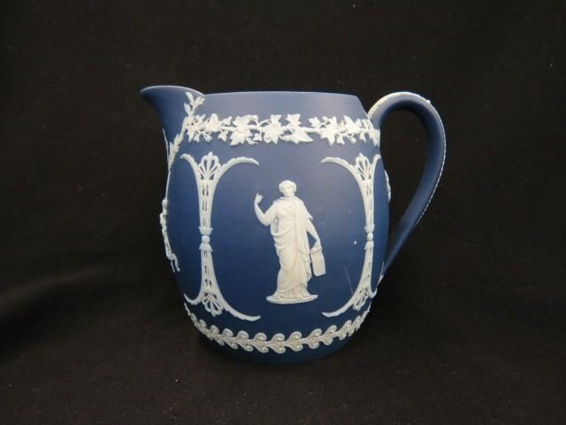 Wedgwood Jasperware Pitcher,: dark blue, classical women decor with grape vine trim, 5 3/4", signed, excellent.