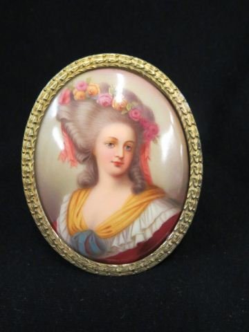 Miniature Painting on Porcelain of a Young Lady,: oval image area 3 1/4" x 2 1/2", circa 1890.