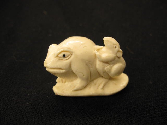 Carved Ivory Netsuke of a Frog & Mouse,: on a leaf, 1 3/4" long, signed, excellent.
