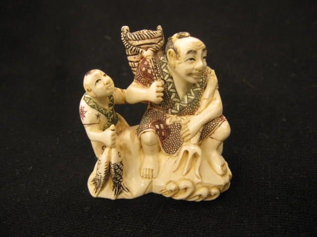 Carved Ivory Netsuke of Fisherman,: with basket of fish and son with two fish, fine polychrome, signed, 2", excellent.