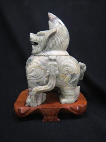 Chinese Carved Jade Figurine of a Seated Foo Dog,: 8" tall, plus carved wooden base.