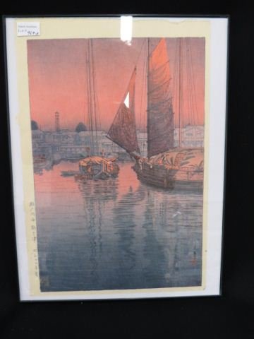 Japanese Woodblock Print,: harbor at sunset, signed, unframed, image area 14 1/4" x 9 1/4", excellent.