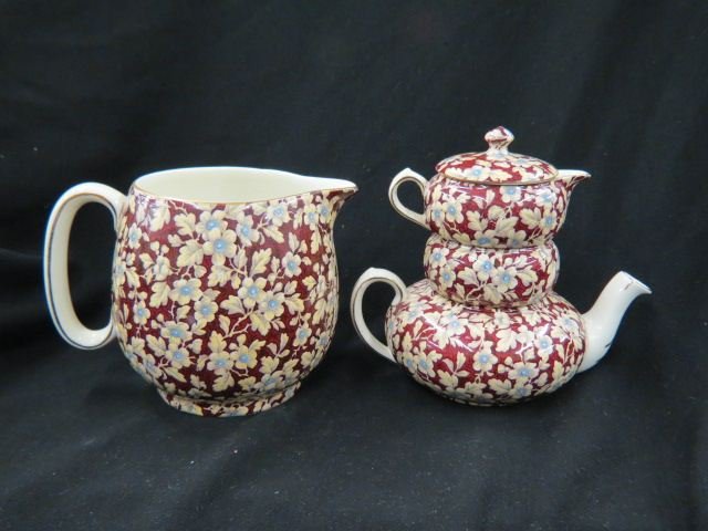 Lord Nelson "Royal Brocade" Chintz China,: stacking teapot, sugar, creamer & 5" juice pitcher, excellent.