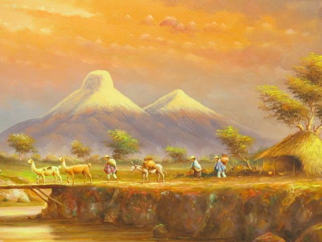 Oswaldo Moncayo, oil: landscape with llamas, hut & villagers, autumn mountains in distance, image area 16" x 22", on board, well listed Ecuadorian artist, 1923-1964, signed & titled...Oswaldo Moncayo (September 10, 1923 ��
