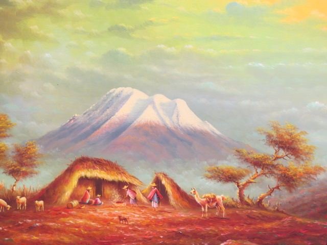 Oswaldo Moncayo, oil,: landscape with llamas, hut & villagers, Andes mountains in distance, image area 16" x 22", on board, well listed Ecuadorian artist, 1925-1964, signed & titled...Oswaldo Moncayo (September 10, 1923 –