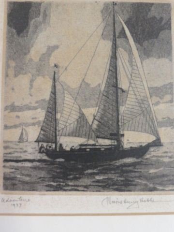 Morris Henry Hobbs, etching,: "Adventury, 1957", sailing ships, image area 5" x 4 1/4", pencil signed...Morris Henry Hobbs, etcher, engraver, painter, illustrator, woodcarver and teacher was born on January 1, 1892 in Rockford, Il