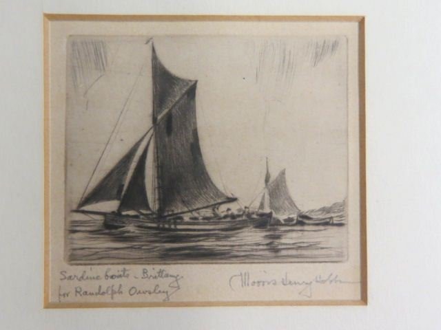 Morris Henry Hobbs, etching,: "Sardine Boats - Brittany" image area 2 3/4" x 3", pencil signed...Morris Henry Hobbs, etcher, engraver, painter, illustrator, woodcarver and teacher was born on January 1, 1892 in Rockford, Illinois.