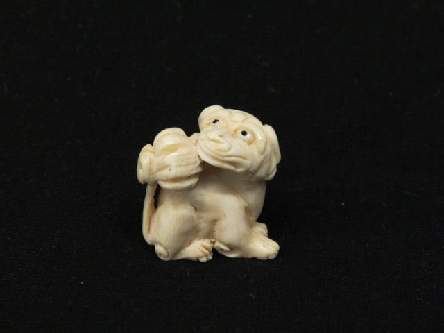 Carved Ivory Netsuke of a Dog,: flower on his tail, signed, 1 1/2", excellent.