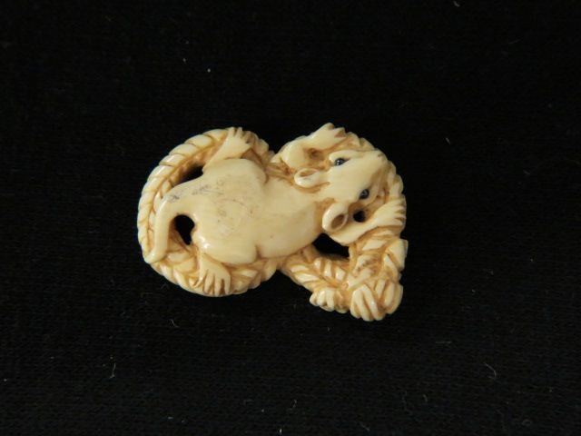 Carved Ivory Netsuke of a Mouse & Rat,: onyx eyes, 1 1/2" long, signed, excellent.