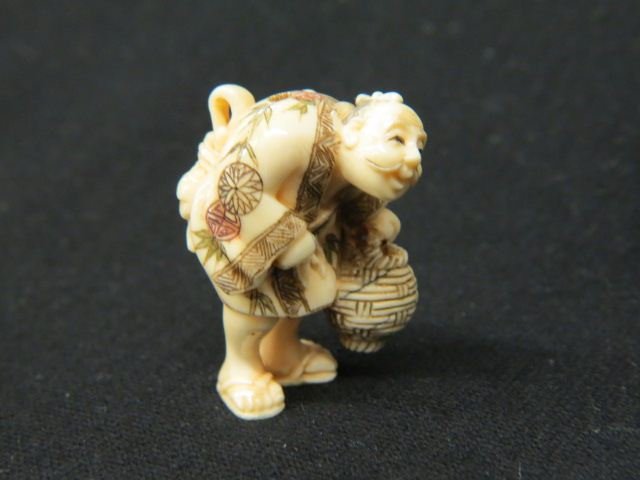 Carved Ivory Netsuke of an Old Man with Basket,: fine polychromed, 1 3/4", excellent.