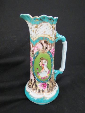 Pre-Nippon Porcelain Portrait Pitcher,: lady in oval medallion, fancy goldwork, 9 1/2".