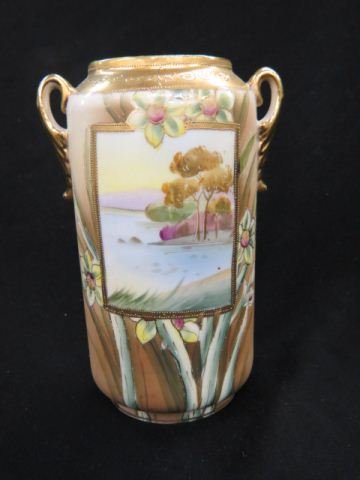 Nippon Porcelain Handpainted Vase,: panel with landscape with floral surround, satin, fancy gold trim, handled, 7 1/2", signed, excellent.