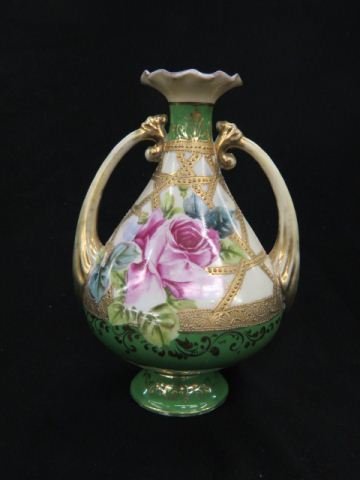 Nippon Handpainted Porcelain Vase,: rose decor with gold lattice design, handled, signed, 8 1/4".