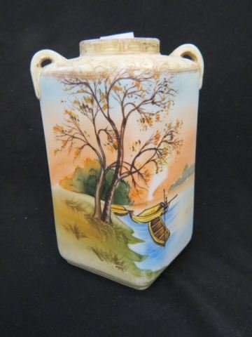 Nippon Handpainted Porcelain Vase,: landscape with boats, 8", handles repaired, signed.