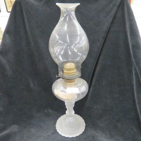 Early American Pattern Glass "Three Faces",: oil lamp, scarce, 9" base, excellent..Geo. Duncan & Sons (1874 - 1892) glass factory was founded in 1874 in Southside Pittsburgh and was a partnership of George Duncan, his two sons Harry B. and James
