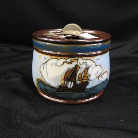 Royal Doulton Art Pottery Humidor,: sailing ship decor, circa 1900, 5" diameter, 4" tall, excellent.