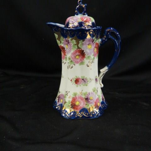 Pre-Nippon Handpainted Porcelain Chocolate: Pot, fine floral, cobalt trim, 9 1/2", excellent.